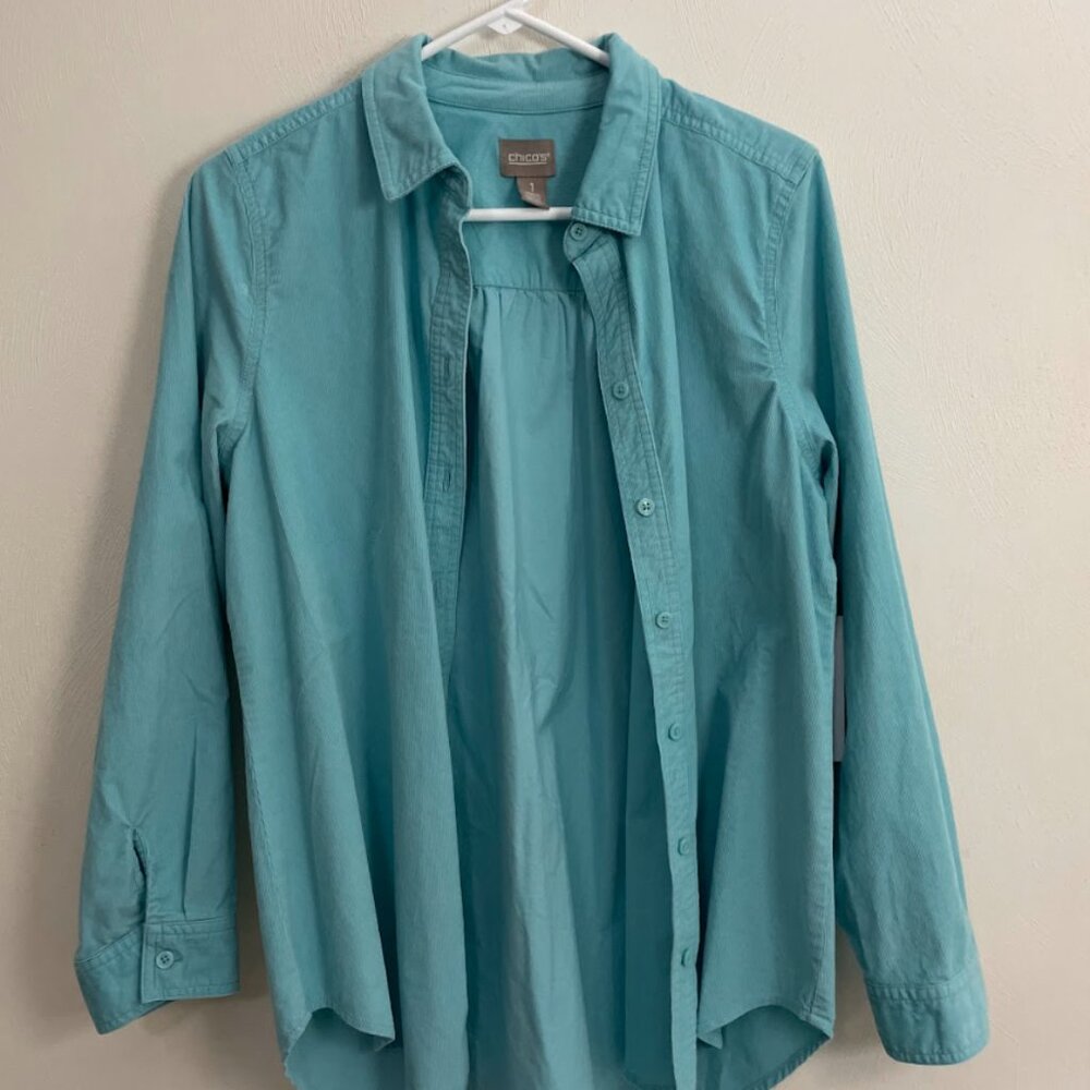 Chico’s Baby Cord Button-Front Shirt, Aqua Reef Size 1 Med 🌊 For a good cause!